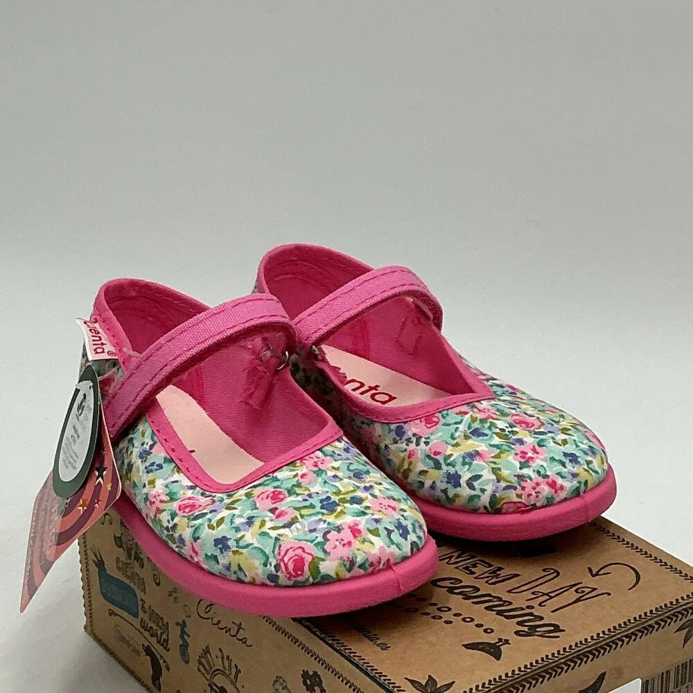 Cienta Ballet Flats Girls 7.5 Multi Floral Print Adjustable Strap Shoes Eby3173